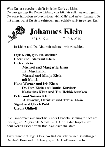 Traueranzeige von Johannes Klein von Nordwest-Zeitung