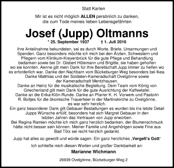 Traueranzeige von Josef Oltmanns von Nordwest-Zeitung