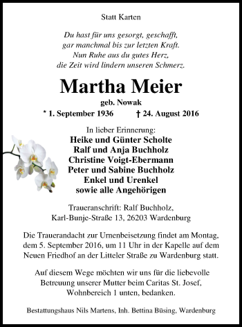 Traueranzeige von Martha Meier von Nordwest-Zeitung