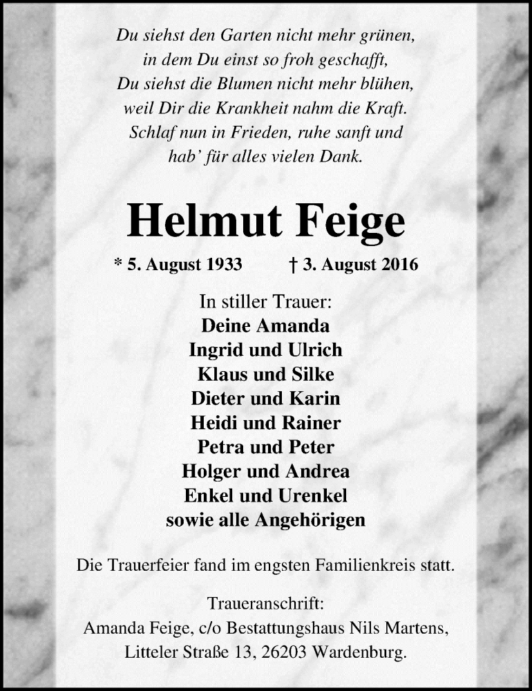  Traueranzeige für Helmut Feige vom 12.08.2016 aus Nordwest-Zeitung
