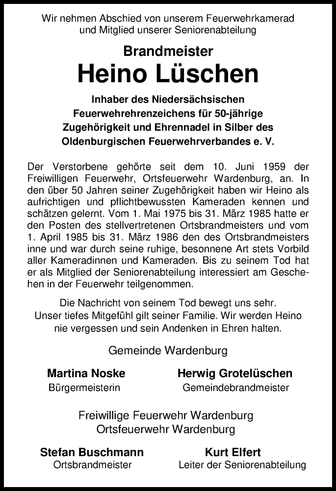  Traueranzeige für Heino Lüschen vom 17.08.2016 aus Nordwest-Zeitung