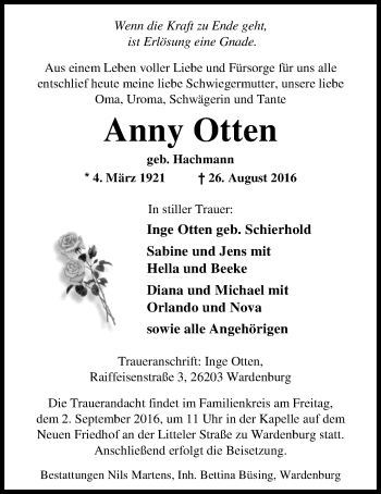 Traueranzeige von Anny Otten von Nordwest-Zeitung