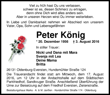 Traueranzeige von Peter König von Nordwest-Zeitung