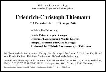 Traueranzeige von Friedrich-Christoph Thiemann von Nordwest-Zeitung