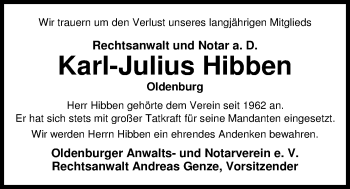 Traueranzeige von Karl-Julius Hibben von Nordwest-Zeitung