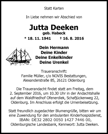 Traueranzeige von Jutta Deeken von Nordwest-Zeitung