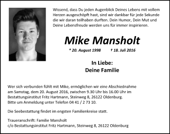 Traueranzeige von Mike Mansholt von Nordwest-Zeitung