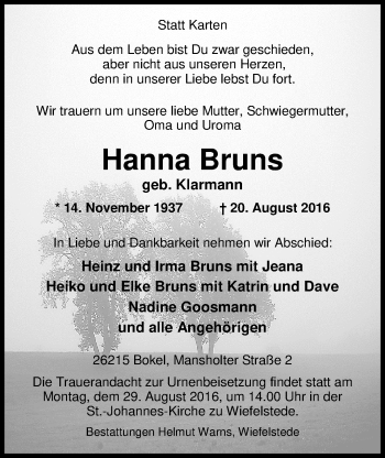 Traueranzeige von Hanna Bruns von Nordwest-Zeitung