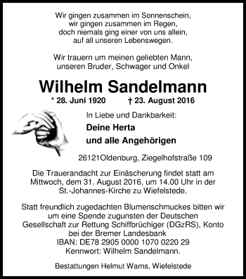 Traueranzeige von Wilhelm Sandelmann von Nordwest-Zeitung