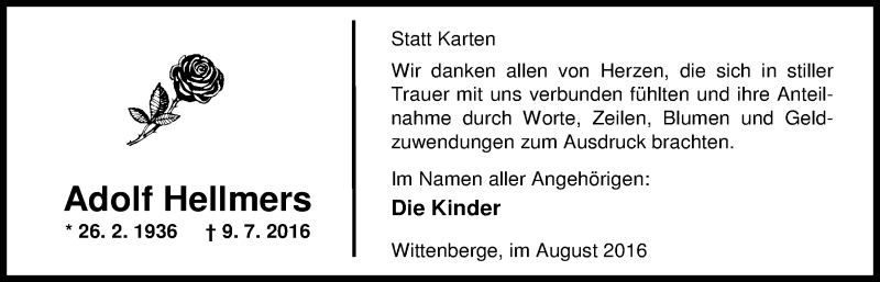  Traueranzeige für Adolf Hellmers vom 13.08.2016 aus Nordwest-Zeitung