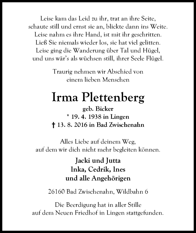  Traueranzeige für Irma Plettenberg vom 19.08.2016 aus Nordwest-Zeitung