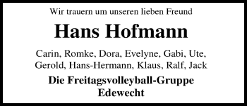 Traueranzeige von Hans Hofmann von Nordwest-Zeitung