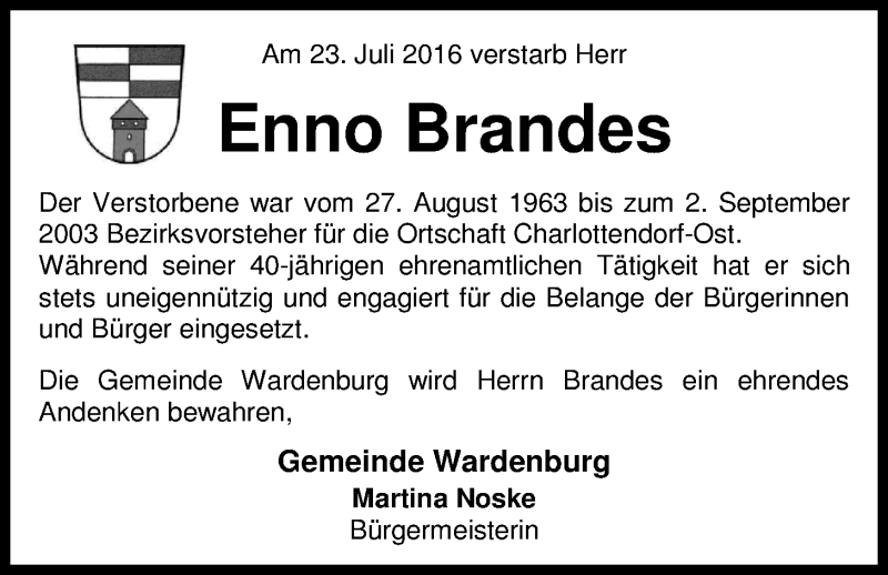  Traueranzeige für Enno Brandes vom 04.08.2016 aus Nordwest-Zeitung