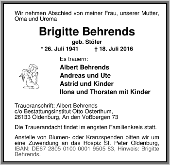 Traueranzeige von Brigitte Behrends von Nordwest-Zeitung