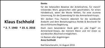 Traueranzeige von Klaus Eschhold von Nordwest-Zeitung