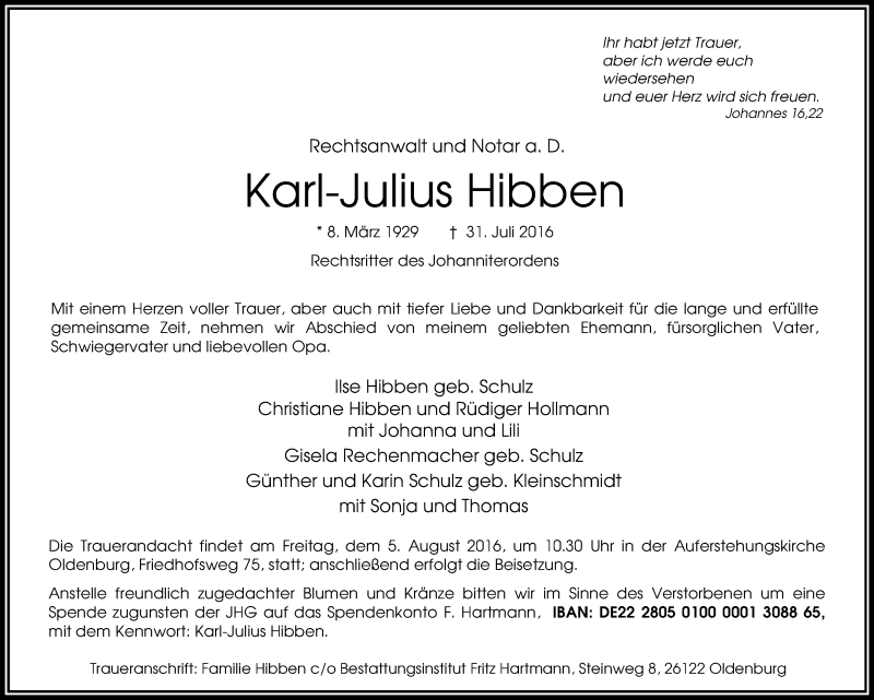  Traueranzeige für Karl-Julius Hibben vom 03.08.2016 aus Nordwest-Zeitung