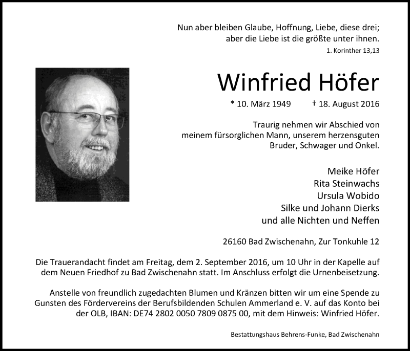  Traueranzeige für Winfried Höfer vom 25.08.2016 aus Nordwest-Zeitung