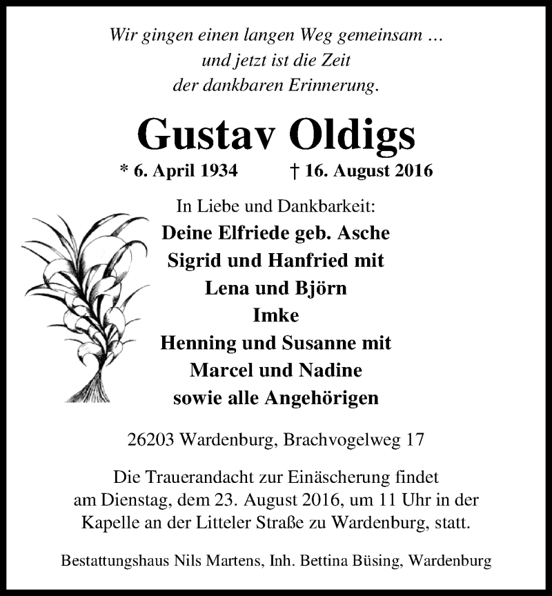  Traueranzeige für Gustav Oldigs vom 18.08.2016 aus Nordwest-Zeitung