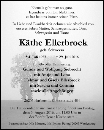 Traueranzeige von Käthe Ellerbrock von Nordwest-Zeitung