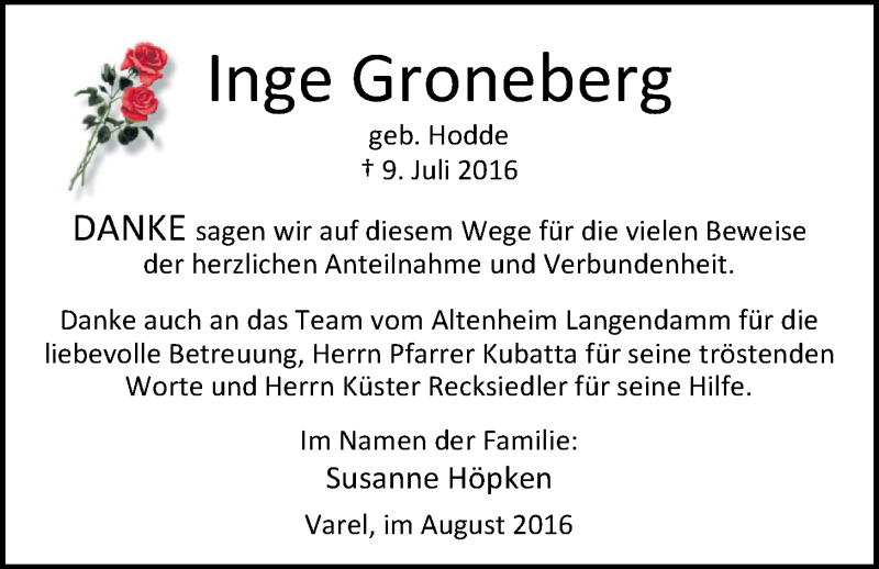  Traueranzeige für Inge Groneberg vom 06.08.2016 aus Nordwest-Zeitung