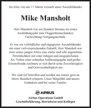 Traueranzeige von Mike Mansholt von Nordwest-Zeitung