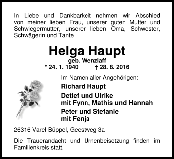 Traueranzeige von Helga Haupt von Nordwest-Zeitung