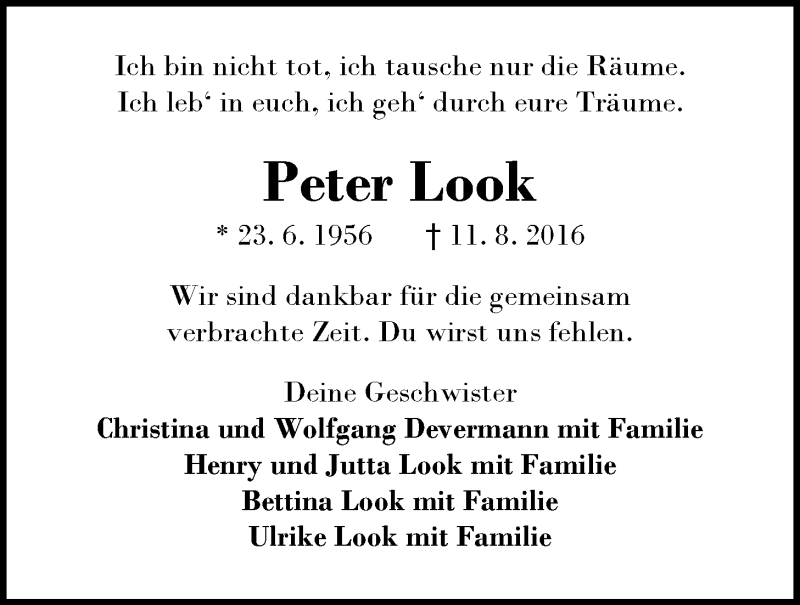  Traueranzeige für Peter Look vom 27.08.2016 aus Nordwest-Zeitung