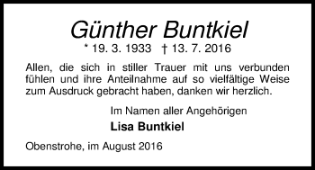 Traueranzeige von Günther Buntkiel von Nordwest-Zeitung