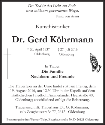 Traueranzeige von Gerd Köhrmann von Nordwest-Zeitung