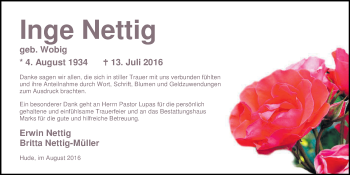 Traueranzeige von Inge Nettig von Nordwest-Zeitung