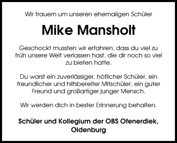 Traueranzeige von Mike Mansholt von Nordwest-Zeitung