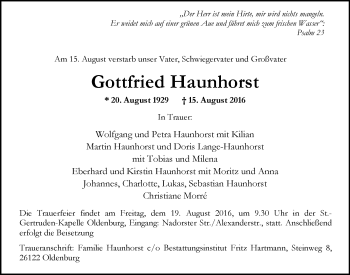 Traueranzeige von Gottfried Haunhorst von Nordwest-Zeitung