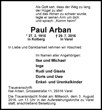 Traueranzeige von Paul Arban von Nordwest-Zeitung
