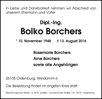 Traueranzeige von Bolko Borchers von Nordwest-Zeitung