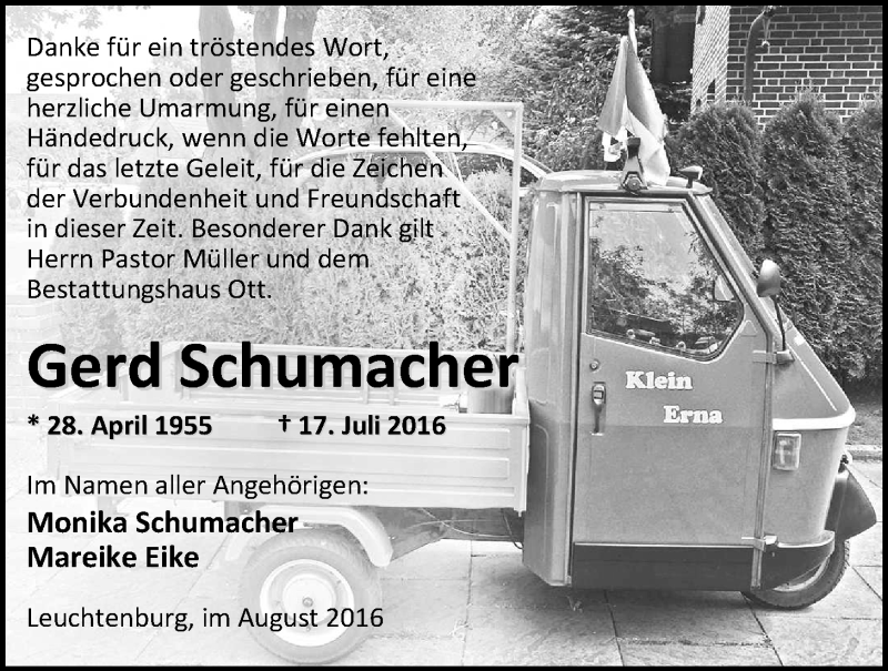 Traueranzeige für Gerd Schumacher vom 27.08.2016 aus Nordwest-Zeitung