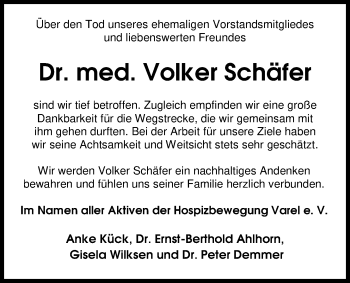 Traueranzeige von Dr. Volker Schäfer von Nordwest-Zeitung