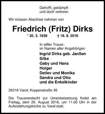 Traueranzeige von Friedrich Dirks von Nordwest-Zeitung