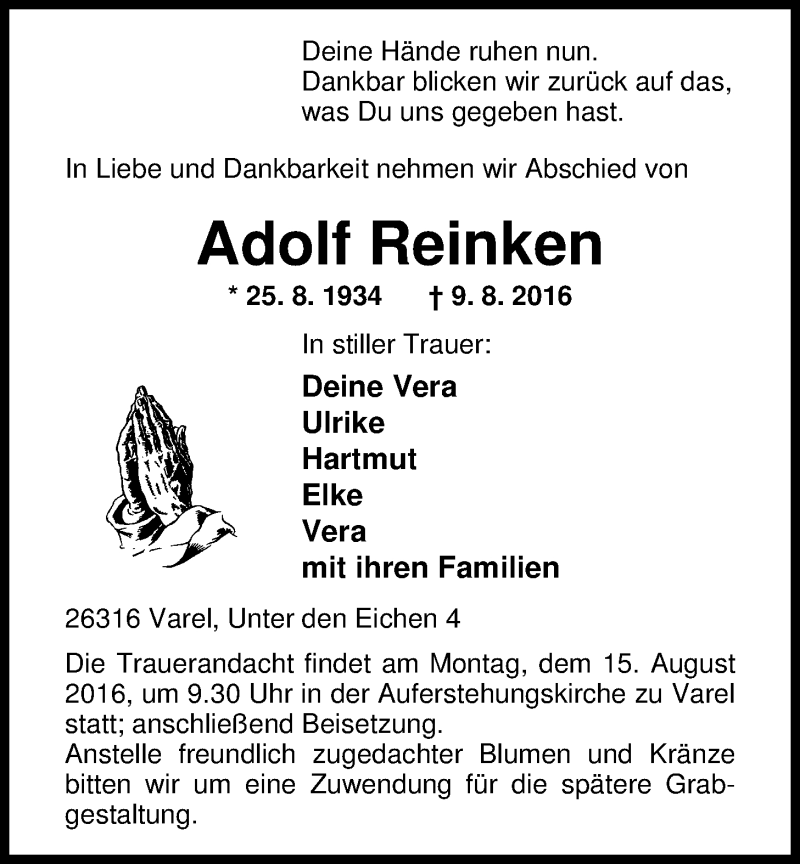  Traueranzeige für Adolf Reinken vom 12.08.2016 aus Nordwest-Zeitung