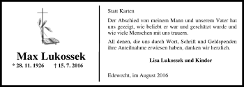 Traueranzeige von Max Lukossek von Nordwest-Zeitung