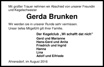 Traueranzeige von Gerda Brunken von Nordwest-Zeitung