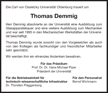 Traueranzeige von Thomas Demmig von Nordwest-Zeitung