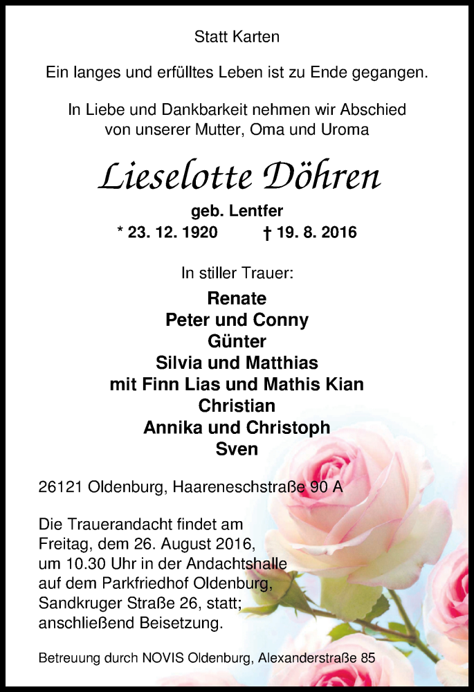  Traueranzeige für Lieselotte Döhren vom 24.08.2016 aus Nordwest-Zeitung