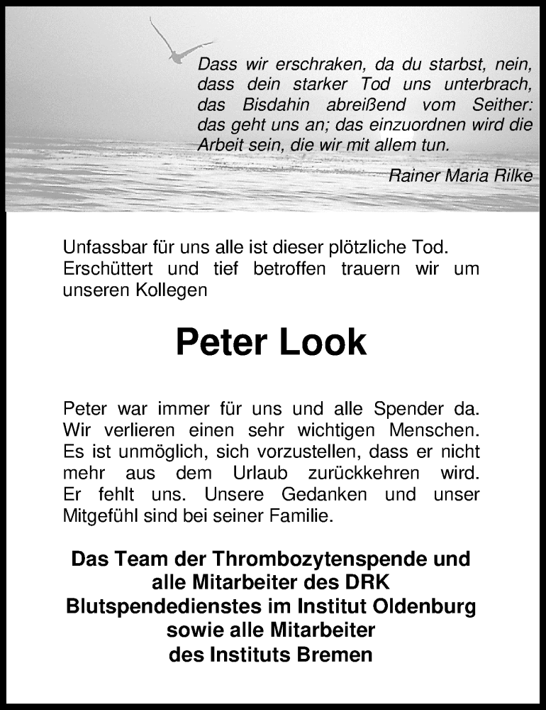  Traueranzeige für Peter Look vom 27.08.2016 aus Nordwest-Zeitung