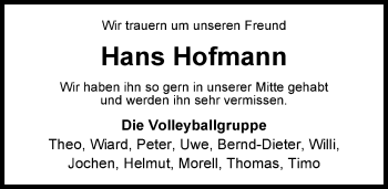 Traueranzeige von Hans Hofmann von Nordwest-Zeitung