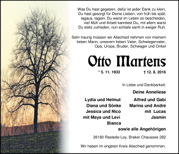 Traueranzeige von Otto Martens von Nordwest-Zeitung