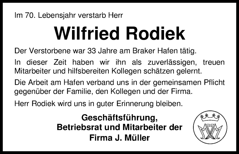  Traueranzeige für Wilfried Rodiek vom 24.08.2016 aus Nordwest-Zeitung