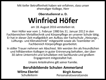 Traueranzeige von Winfried Höfer von Nordwest-Zeitung