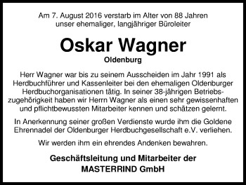 Traueranzeige von Oskar Wagner von Nordwest-Zeitung
