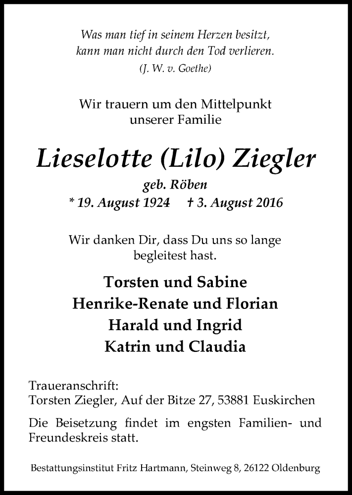  Traueranzeige für Lieselotte Ziegler vom 19.08.2016 aus Nordwest-Zeitung