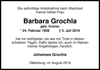 Traueranzeige von Barbara Grochla von Nordwest-Zeitung